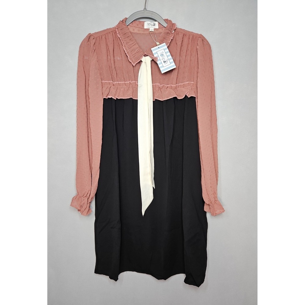 Tulip B Womens Black Mauve Long Sleeve A Line Dress w/ Pockets Size Large NWT